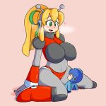  1boy 1girl alternate_breast_size blonde_hair breasts eyebrows_visible_through_hair eyes_visible_through_hair giant giantess green_eyes heart large_breasts looking_at_another mega mega_man_(classic) mega_man_(series) on_person open_mouth ponytail rock roll_(mega_man) smile w181914 