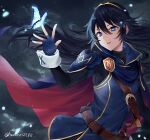  1girl armor bangs belt black_sweater blue_butterfly blue_cape blue_eyes blue_gloves blue_hair brown_belt bug butterfly cape eyebrows_visible_through_hair fingerless_gloves fire_emblem fire_emblem_awakening floating_hair gloves hair_between_eyes haru_(nakajou-28) highres long_hair long_sleeves lucina_(fire_emblem) parted_lips red_cape ribbed_sweater shoulder_armor solo sweater symbol-shaped_pupils tiara turtleneck turtleneck_sweater twitter_username two-tone_cape 