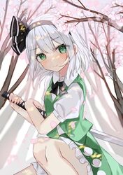  1girl bangs black_bow black_bowtie black_hairband black_ribbon bloomers blush bob_cut bow bowtie breasts cherry_blossoms closed_mouth collared_shirt eyebrows_visible_through_hair green_eyes green_skirt green_vest hair_ribbon hairband hitodama_print katana konpaku_youmu looking_at_viewer medium_breasts petals ribbon shirt short_hair short_sleeves sidelocks skirt skirt_set small_breasts smile solo sword touhou underwear vest weapon white_bloomers white_hair white_shirt yumeno_ruruka 