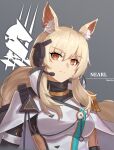  1girl absurdres animal_ear_fluff arknights bangs blonde_hair breasts brown_eyes character_name closed_mouth eyebrows_visible_through_hair headset highres jacket long_hair looking_at_viewer mausratten medium_breasts nearl_(arknights) nearl_the_radiant_knight_(arknights) official_alternate_costume simple_background solo upper_body white_jacket 