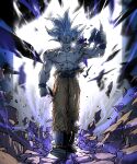  1boy aura bakarott battle_damage boots clenched_hand closed_mouth dragon_ball dragon_ball_super full_body highres holding male_focus rock sash serious solo son_goku topless_male torn_clothes ultra_instinct walking white_hair white_theme wristband 