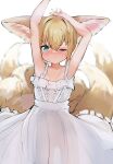  1girl ;) absurdres animal_ear_fluff animal_ears aqua_eyes arknights armpits bangs bare_arms bare_shoulders blonde_hair blurry blurry_background blush center_frills closed_mouth collarbone depth_of_field dress fox_ears fox_girl fox_tail frilled_dress frills hair_between_eyes highres kitsune looking_at_viewer one_eye_closed rs_(airglow) simple_background sleeveless sleeveless_dress smile solo suzuran_(arknights) tail twitter_username white_background white_dress 