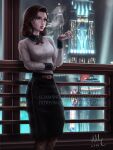  1girl aqua_eyes backlighting belt bioshock_(series) bioshock_infinite blurry blurry_background breasts brown_hair building cigarette city city_lights cityscape commentary commission dated deviantart_username elizabeth_(bioshock_infinite) english_commentary fishnet_legwear fishnets highres holding holding_cigarette indoors italian_commentary lips long_sleeves makeup medium_breasts mixed-language_commentary pantyhose patreon_username railing realistic red_lips reward_available sciamano240 signature skirt skyscraper smoke smoking solo water watermark web_address window 
