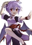  1girl akisome_hatsuka alternate_costume bat_wings black_shorts blurry breasts chinese_clothes commentary_request depth_of_field eyebrows_visible_through_hair fang fighting_stance hair_between_eyes looking_at_viewer medium_hair no_hat no_headwear open_mouth purple_hair red_eyes remilia_scarlet short_sleeves shorts simple_background small_breasts solo touhou v-shaped_eyebrows white_background wings 
