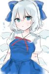  1girl arms_behind_back blue_bow blue_dress blue_eyes blush bow cirno dress hair_between_eyes hair_bow highres ice ice_wings looking_at_viewer nano_(nazuna0512) puffy_sleeves ribbon short_hair short_sleeves simple_background sketch solo touhou triangle_mouth white_background wings 