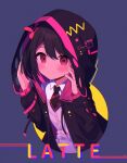  1girl bangs black_hair black_hoodie black_necktie blush bunny_hair_ornament character_name closed_mouth collared_shirt drawstring eyebrows_visible_through_hair hair_between_eyes hair_ornament hands_up highres hood hood_up hoodie indie_virtual_youtuber koucha_latte long_sleeves looking_at_viewer multicolored_hair necktie red_eyes redhead roin shirt solo two-tone_hair upper_body virtual_youtuber white_shirt 