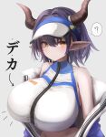  1girl ? animal_ears arknights arrow_(symbol) bangs bare_shoulders bikini blue_jacket blush breasts closed_mouth collarbone commentary cow_ears cow_horns eyebrows_visible_through_hair highres horns huge_breasts jacket long_sleeves looking_at_viewer metae off_shoulder official_alternate_costume open_clothes open_jacket orange_eyes purple_hair short_hair sideroca_(arknights) sideroca_(light_breeze)_(arknights) smile solo spoken_question_mark swimsuit translation_request upper_body visor_cap white_bikini white_headwear zipper 