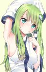  1girl arm_up armpits bangs bare_shoulders blue_eyes blush breasts closed_mouth collared_shirt commentary_request detached_sleeves eyebrows_visible_through_hair eyelashes frog_hair_ornament green_hair hair_between_eyes hair_ornament hair_tubes hands_up head_tilt highres kochiya_sanae long_hair looking_at_viewer medium_breasts shirt simple_background sleeveless sleeveless_shirt snake_hair_ornament solo stigma1101 touhou upper_body white_shirt wide_sleeves yellow_background 