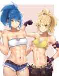  2girls abs absurdres armlet bare_shoulders barefoot belt blonde_hair blue_eyes blue_hair breasts collar cosplay costume_switch deccatezu dog_tags fate_(series) gloves green_skirt highres leona_heidern mordred_(fate) multiple_girls muscular muscular_female navel ponytail pouch short_ponytail shorts skirt small_breasts tank_top the_king_of_fighters the_king_of_fighters_xv yellow_tank_top 