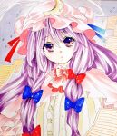  1girl :o blue_bow book bow crescent crescent_hat_ornament dress eyebrows_visible_through_hair hair_between_eyes hat hat_ornament long_hair marker_(medium) matsuppoi mob_cap patchouli_knowledge purple_hair ribbon solo touhou traditional_media violet_eyes 