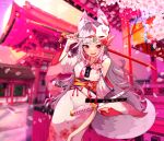  1girl :d absurdres animal_ears architecture arm_support bangs blunt_bangs building cherry_blossoms commentary detached_sleeves east_asian_architecture english_commentary eyebrows_visible_through_hair fox_ears fox_girl fox_mask fox_tail highres holding holding_sword holding_weapon japanese_clothes katana kimono long_hair long_sleeves looking_at_viewer lucidgirl mask mask_on_head obi original petals red_eyes ribbon-trimmed_sleeves ribbon_trim sash sidelocks silver_hair sitting smile solo sword tail weapon wide_sleeves 