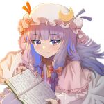  1girl bangs blue_bow blurry blush book bow capelet crescent crescent_hat_ornament depth_of_field dress eyebrows_visible_through_hair frills hat hat_ornament holding holding_book light_smile long_hair long_sleeves looking_at_viewer mob_cap open_book patchouli_knowledge purple_hair ribbon shiroi_karasu simple_background solo touhou violet_eyes white_background 