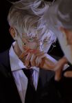  1boy black_necktie blood blood_on_hands commentary_request covering_mouth earrings eyewear_on_head formal green_eyes haecha_t2 highres jewelry looking_at_mirror male_focus mirror necktie original reflection shirt solo suit tuxedo white_hair white_shirt 