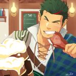  1boy alcohol artist_name beer beer_mug blurry blurry_background bottle building chest_belt clan_senki close-up closed_eyes collared_shirt cup ear_piercing earrings eating fang food food_on_face green_hair highres jewelry lamp light male_focus manly meat mug neil_(clan_senki) pectoral_cleavage pectorals piercing redhead restaurant scar scarf shirt sideburns sign smile solo wine zifu 