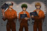  3boys bakugou_katsuki blonde_hair blue_eyes boku_no_hero_academia burn_scar character_name cuffs english_commentary english_text freckles green_hair grey_eyes hand_in_pocket handcuffs height_chart height_mark heterochromia highres holding holding_sign jumpsuit lineup looking_at_viewer male_focus midoriya_izuku mugshot multicolored_hair multiple_boys orange_jumpsuit prison_clothes red_eyes redhead scar scar_on_face scowl sign spiky_hair split-color_hair straight-on teanmoi todoroki_shouto two-tone_hair white_hair 