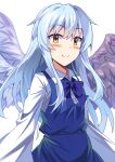  1girl angel bangs blue_bow blue_bowtie blue_dress blue_eyes blue_wings blush bow bowtie closed_mouth collared_shirt commentary_request dress e.o. eyebrows_visible_through_hair feathered_wings happy highres light_blue_hair long_hair long_sleeves looking_at_viewer multiple_wings pinafore_dress sariel_(touhou) seraph shirt sidelocks simple_background smile touhou touhou_(pc-98) upper_body very_long_hair white_background wings 