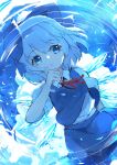  1girl bangs blue_eyes blue_hair bow cirno dress eyebrows_visible_through_hair hair_bow hand_on_own_chin highres hunya ice looking_to_the_side puffy_short_sleeves puffy_sleeves red_ribbon ribbon ripples shirt short_hair short_sleeves solo touhou water white_shirt wings 