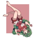  aqua_hair barefoot border breasts buttons cloud_print commentary_request curly_hair full_body green_eyes green_hair heart highres horns kariyushi_shirt komainu komano_aunn long_hair medium_breasts one-hour_drawing_challenge open_mouth paw_pose red_background red_shirt renshirenji shirt shorts simple_background single_horn toes touhou two-tone_background white_border white_shorts 