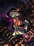  1girl black_headwear blurry blurry_background brown_footwear buttons cityscape diamond_button dutch_angle frilled_shirt_collar frills full_body green_skirt hair_over_one_eye hat hat_ribbon heart heart_of_string highres komeiji_koishi light_green_hair long_sleeves looking_at_viewer medium_hair night open_mouth outdoors ribbon shirt shoes skirt solo standing sutaku77224 third_eye touhou wavy_hair wide_sleeves yellow_ribbon yellow_shirt 