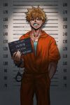  1boy bakugou_katsuki blonde_hair boku_no_hero_academia character_name clenched_teeth cuffs english_commentary english_text hand_in_pocket handcuffs height_chart height_mark highres holding holding_sign jumpsuit looking_at_viewer male_focus mugshot orange_jumpsuit prison_clothes red_eyes scowl sign solo spiky_hair teanmoi teeth 