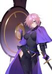  1girl absurdres armor armored_dress black_legwear breasts fate/grand_order fate_(series) gloves hair_over_one_eye highres holding holding_shield looking_at_viewer lunethary mash_kyrielight medium_breasts purple_gloves purple_hair shield short_hair smile solo violet_eyes 