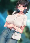  1girl aqua_eyes bag black_hair blue_pants blurry blurry_background blush breasts closed_mouth denim dutch_angle full_body glasses handbag high_heels highres jeans large_breasts long_hair looking_at_viewer original osisio pants shirt shirt_tucked_in short_sleeves smile solo standing white_footwear white_shirt 