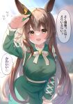  1girl :d absurdres animal_ears arm_up bangs blurry blurry_background blush bow braid breasts brown_eyes brown_hair commentary_request day depth_of_field dress etesumsom eyebrows_visible_through_hair frilled_sleeves frills green_dress grey_hair highres horse_ears long_hair long_sleeves looking_at_viewer medium_breasts multicolored_hair outdoors pov satono_diamond_(umamusume) smile solo translated two-tone_hair umamusume very_long_hair white_bow 