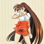  1990s_(style) anna_miller bangs breasts brown_hair cowboy_shot fingerless_gloves gloves high_ponytail kimura_takahiro large_breasts long_hair miniskirt non-web_source official_art orange_skirt parted_lips pencil_skirt puffy_short_sleeves puffy_sleeves red_eyes red_ribbon retro_artstyle ribbon short_sleeves skirt striped striped_background takeuchi_yuka underbust variable_geo very_long_hair waitress 