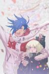  2boys androgynous black_coat blue_eyes blue_hair blurry blurry_background bottle branch can coat depth_of_field fur_trim galo_thymos green_hair highres holding holding_bottle holding_can hood hood_down lio_fotia male_focus mohawk multiple_boys open_mouth promare rice_(rice8p) short_hair sidecut sidelocks tree two-tone_coat white_coat 