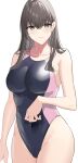 1girl aquna black_eyes black_hair black_swimsuit breasts competition_swimsuit covered_navel cowboy_shot highres large_breasts long_hair one-piece_swimsuit original simple_background smile solo standing swimsuit two-tone_swimsuit white_background 