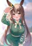  1girl :d absurdres animal_ears arm_up bangs blurry blurry_background blush bow braid breasts brown_eyes brown_hair day depth_of_field dress etesumsom eyebrows_visible_through_hair frilled_sleeves frills green_dress grey_hair highres horse_ears long_hair long_sleeves looking_at_viewer medium_breasts multicolored_hair outdoors pov satono_diamond_(umamusume) smile solo two-tone_hair umamusume very_long_hair white_bow 