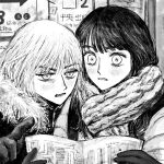  2girls blush fur_trim gloves greyscale half-closed_eyes highres holding holding_map long_hair map monochrome multiple_girls nn55katt original outdoors parted_lips scarf sketch upper_body wide-eyed winter_clothes 
