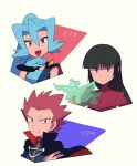  1boy 2girls :d bangs black_cape black_hair blue_bodysuit blue_eyes blue_gloves blue_hair blunt_bangs bodysuit cape character_name clair_(pokemon) closed_mouth commentary_request earrings gloves glowing hand_up highres jacket jewelry lance_(pokemon) long_hair long_sleeves looking_at_viewer multiple_girls open_mouth pokemon pokemon_(game) pokemon_frlg pokemon_hgss ponytail redhead sabrina_(pokemon) short_hair smile spiky_hair tongue tooth_earrings turtleneck turtleneck_jacket two-tone_bodysuit tyako_089 white_gloves 