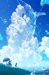  1girl arm_up blue_sky blue_theme canvas_(object) cumulonimbus_cloud day easel grass highres lake makoron117117 original outdoors parasol people scenery silhouette sky solo sparkle sunlight umbrella water water_drop 