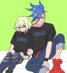  2boys androgynous black_shirt blue_eyes blue_hair choker denim galo_thymos green_background green_hair jeans lio_fotia looking_at_viewer male_focus mohawk multiple_boys on_ground pants promare red_footwear rice_(rice8p) shirt short_hair sidecut sidelocks sitting t-shirt torn_clothes torn_legwear violet_eyes 