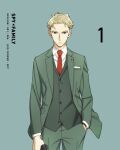  1boy blonde_hair formal green_background green_eyes gun hand_in_pocket highres holding holding_gun holding_weapon jacket looking_at_viewer necktie official_art pants red_necktie short_hair simple_background spy_x_family suit twilight_(spy_x_family) vest watch weapon 