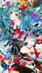  1girl absurdres aqua_eyes aqua_hair bare_shoulders belt blue_eyes blue_hair bow bowtie breasts commentary detached_sleeves english_commentary hair_ornament hatsune_miku highres long_hair looking_at_viewer mika_pikazo skirt smile solo teeth twintails very_long_hair vocaloid 