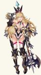  1girl animal_ears aqua_eyes arm_at_side arm_behind_head armor armored_boots ass_visible_through_thighs axe bangs battle_axe beige_background blonde_hair boots braid breasts cleavage_cutout clothing_cutout halterneck highleg highleg_leotard highres holding holding_axe holding_weapon large_breasts leotard long_hair official_art open_mouth rabbit_ears rise_of_girls simple_background solo standing thigh-highs thigh_boots tokopi weapon 