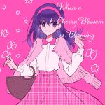  1girl bangs bow cardigan dress_shirt earrings eyebrows_visible_through_hair fate/stay_night fate_(series) floating_hair grin hair_between_eyes hair_bow hairband highres jewelry long_hair long_sleeves matou_sakura nayu_tundora pink_background pink_bow pink_cardigan pink_hairband pink_skirt plaid plaid_skirt purple_hair shiny shiny_hair shirt sketch skirt smile solo sparkle standing title violet_eyes white_shirt 