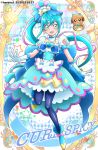  1girl 2022 :d apron bangs blue_eyes blue_hair blue_legwear bracelet character_name cure_spicy dated delicious_party_precure dress earrings eyebrows_visible_through_hair floating_hair food full_body gloves hair_between_eyes hanzou highres jewelry layered_dress long_hair looking_at_viewer open_mouth pam-pam_(precure) pantyhose precure pretzel shiny shiny_clothes shiny_legwear short_sleeves side_ponytail smile solo twitter_username very_long_hair waist_apron white_apron white_gloves 