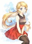  1girl blonde_hair blurry closed_mouth collared_shirt commentary_request eyelashes grey_eyes hands_on_lap high-waist_skirt highres invisible_chair long_hair looking_at_viewer own_hands_together pokemon pokemon_(game) pokemon_xy ponytail red_skirt serena_(pokemon) shirt sitting skirt sleeveless sleeveless_shirt smile solo thigh-highs very_long_hair yomogi_(black-elf) 