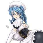  1girl alternate_costume apron artist_name blue_eyes blue_hair blush breasts dated double_bun elbow_gloves enmaided eyebrows_visible_through_hair gloves hair_between_eyes kantai_collection large_breasts long_hair looking_at_viewer maid maid_apron open_mouth puffy_short_sleeves puffy_sleeves short_sleeves signature simple_background solo tk8d32 urakaze_(kancolle) waist_apron white_apron white_background white_gloves 