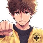  1boy ao_ashi aoi_ashito bangs brown_eyes brown_hair clenched_hand hand_up ika_choco jersey male_focus simple_background sportswear wavy_hair white_background 