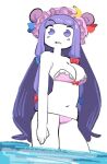  1girl bikini blue_bow blue_ribbon bow breasts commentary crescent crescent_hat_ornament eyebrows_visible_through_hair frilled_bikini frills hair_bow hat hat_ornament hat_ribbon long_hair looking_at_viewer medium_breasts mob_cap navel organsoup partially_submerged patchouli_knowledge purple_hair red_bow red_ribbon ribbon simple_background solo swimsuit thighs touhou very_long_hair violet_eyes water white_background 