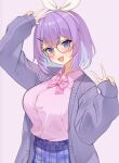  1girl :d absurdres bangs blue_eyes blue_hair blue_skirt blush bow bowtie breasts cardigan collared_shirt colored_inner_hair dress_shirt eyebrows_visible_through_hair fang glasses hair_ornament hair_ribbon hairclip highres large_breasts looking_at_viewer miniskirt multicolored_hair nijisanji nijisanji_kr nun_bora open_cardigan open_clothes pink_bow pink_shirt plaid plaid_skirt pleated_skirt purple_cardigan purple_hair ribbon school_uniform shirt shirt_tucked_in short_hair simple_background skin_fang skirt sleeves_past_wrists smile solo tyoko_tanuki16 virtual_youtuber w white_background white_ribbon 