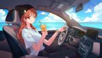  1girl absurdres beanie breasts car car_interior closed_mouth clouds cup day disposable_cup drinking_straw driving earrings eyebrows_visible_through_hair ground_vehicle hands_up hat highres holding holding_cup horizon jewelry looking_at_viewer medium_breasts minj_kim motor_vehicle ocean orange_hair original red_eyes shirt sitting sky solo steering_wheel watch watch 
