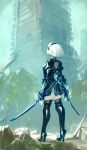  1girl back black_dress black_footwear black_legwear boots building dress feather-trimmed_sleeves full_body hairband high_heel_boots high_heels highres holding holding_weapon looking_afar looking_away nier_(series) nier_automata optionaltypo ruins signature sky solo standing sword thigh-highs thigh_boots tree weapon white_hair yorha_no._2_type_b 