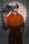  1boy blue_eyes boku_no_hero_academia burn_scar character_name cuffs english_commentary english_text grey_eyes hand_in_pocket handcuffs height_chart height_mark heterochromia highres holding holding_sign jumpsuit looking_at_viewer male_focus mugshot multicolored_hair orange_jumpsuit prison_clothes redhead scar scar_on_face sign solo split-color_hair teanmoi todoroki_shouto two-tone_hair white_hair 