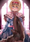  1girl absurdres alice_margatroid blonde_hair blue_dress blue_eyes blurry blurry_background blush breasts capelet commentary_request dress eyebrows_visible_through_hair foot_out_of_frame frilled_dress frilled_hairband frills hair_between_eyes hairband highres indoors large_breasts looking_at_viewer maboroshi_mochi necktie no_shoes on_bed open_mouth pantyhose pink_necktie red_hairband short_hair sitting sitting_on_bed solo teeth touhou upper_teeth white_capelet 