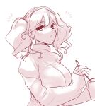  1girl bangs blush breasts eyebrows_visible_through_hair hair_behind_ear highres looking_at_viewer macross macross_delta makina_nakajima medium_breasts monochrome sechi_(stst1850) sketch solo sweater twintails white_background 